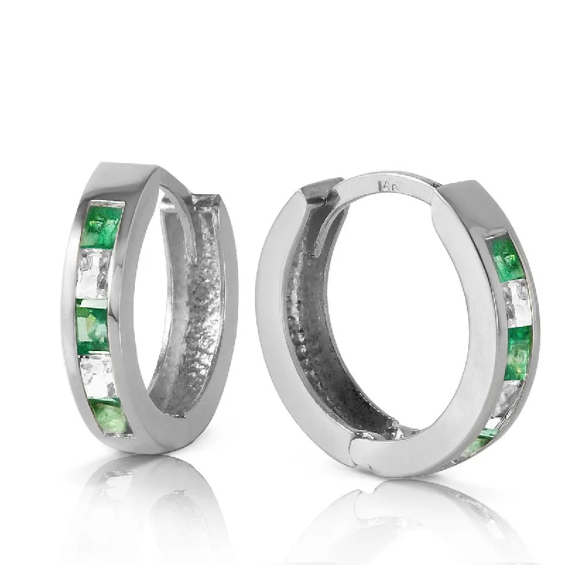 Blocked hoop earrings-1.26 Carat 14K Solid White Gold Hoop Earrings Natural Emerald White Topaz