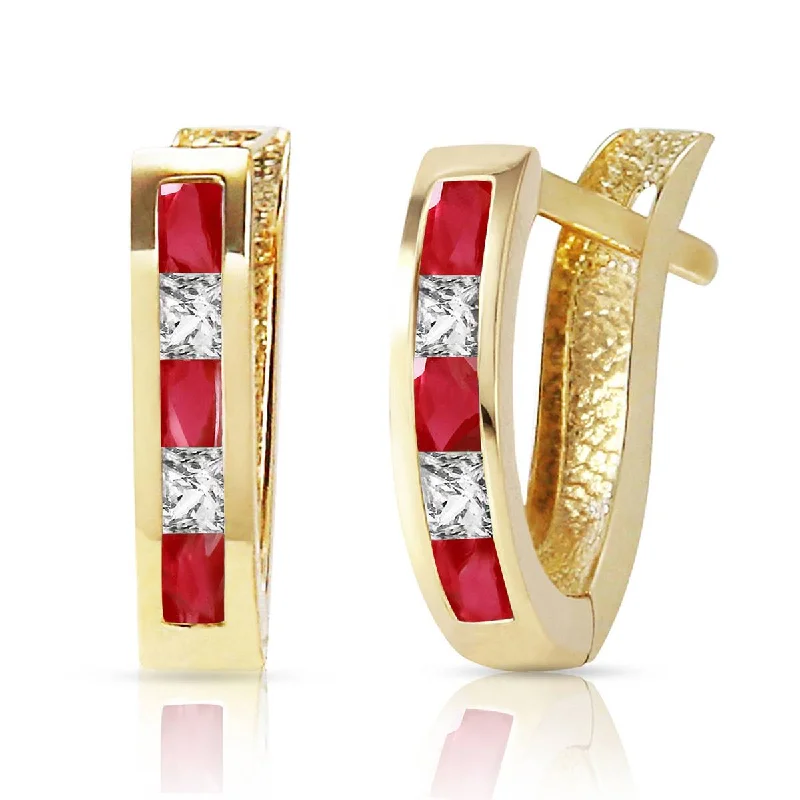 Tiled design earrings-1.26 Carat 14K Solid Yellow Gold Gia Ruby White Topaz Earrings