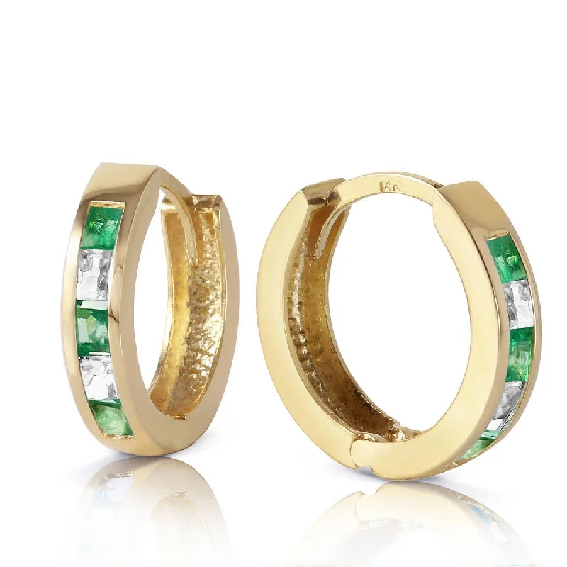 Clasped stone earrings-1.26 Carat 14K Solid Yellow Gold Hoop Earrings Natural Emerald White Topaz