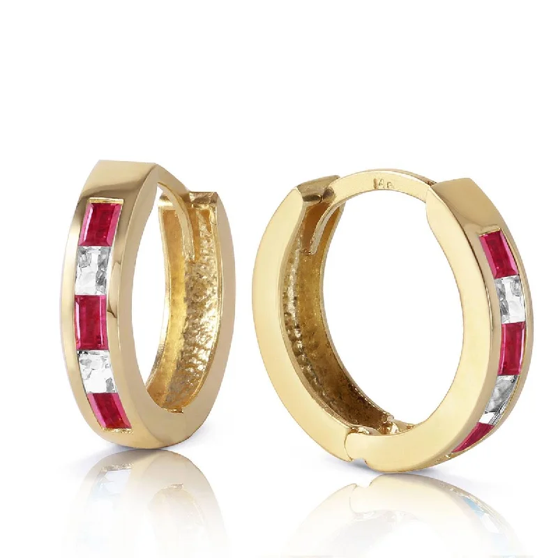 Latched earrings-1.26 Carat 14K Solid Yellow Gold Hoop Earrings Natural Ruby White Topaz