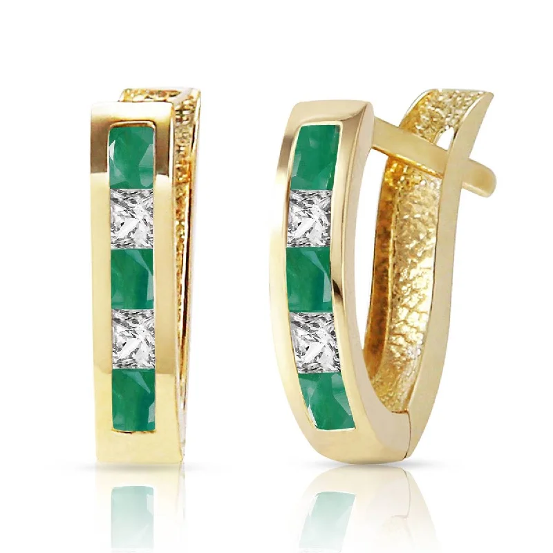 Coupled hoop earrings-1.26 Carat 14K Solid Yellow Gold Italia Emerald Whote Topaz Earrings