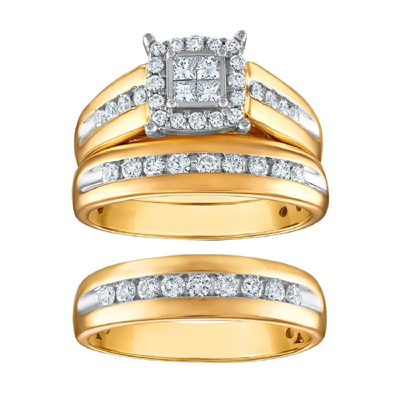 Diverse stone ring-1 CTW Diamond Cushion Shaped Wedding Trio Set in 10KT White and Yellow Gold