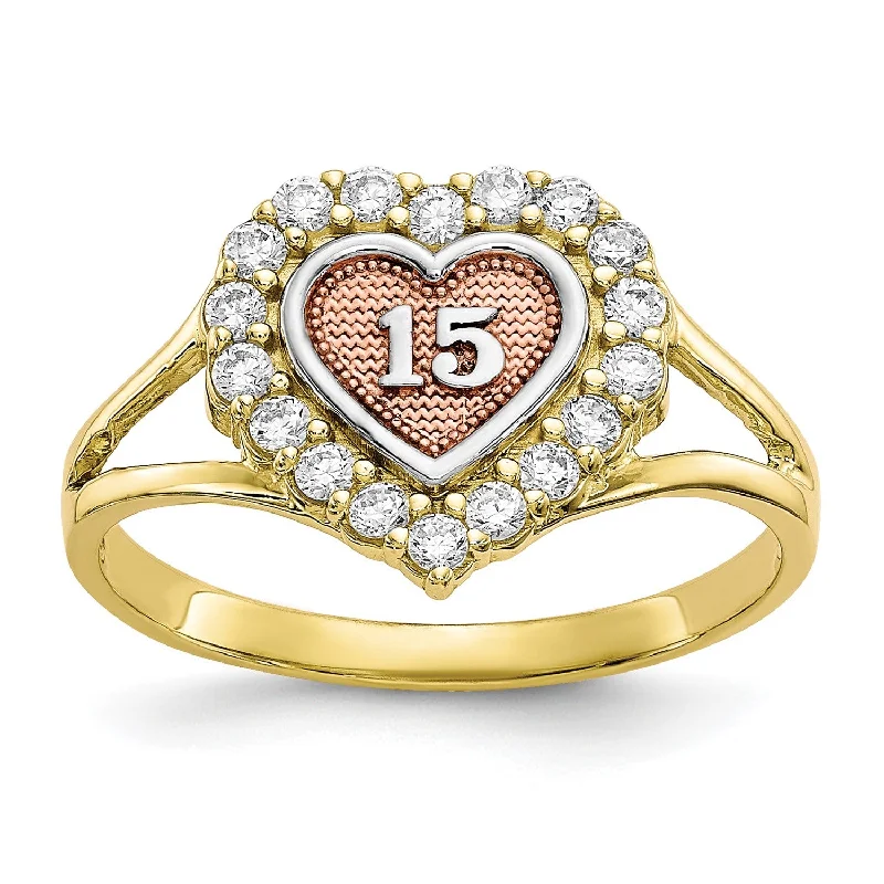 Luminous minimalist ring-10KT Gold Tri-Color Cubic Zirconia Heart Quinceanera Ring; Size 6