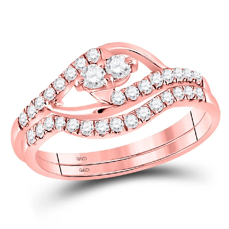 Buffed pewter ring-10kt Rose Gold Round Diamond 2-Stone Bridal Wedding Ring Band Set 1/2 Cttw