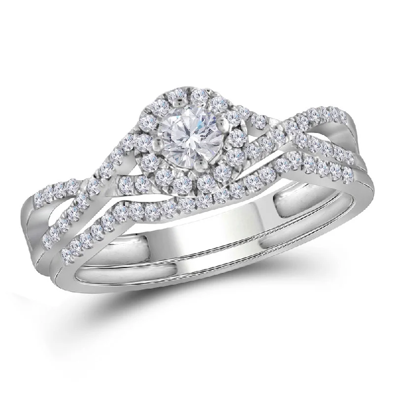 Solid pave ring-10kt White Gold Round Diamond Twist Bridal Wedding Ring Band Set 1/2 Cttw