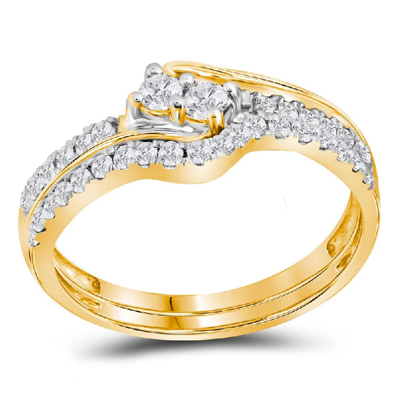 Lustrous gold ring-10kt Yellow Gold Round Diamond 2-stone Bridal Wedding Ring Band Set 1/2 Cttw