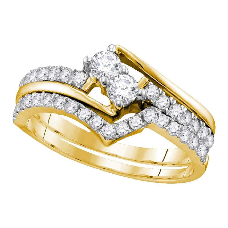 Blocked band ring-10kt Yellow Gold Round Diamond 2-Stone Bridal Wedding Ring Band Set 3/4 Cttw