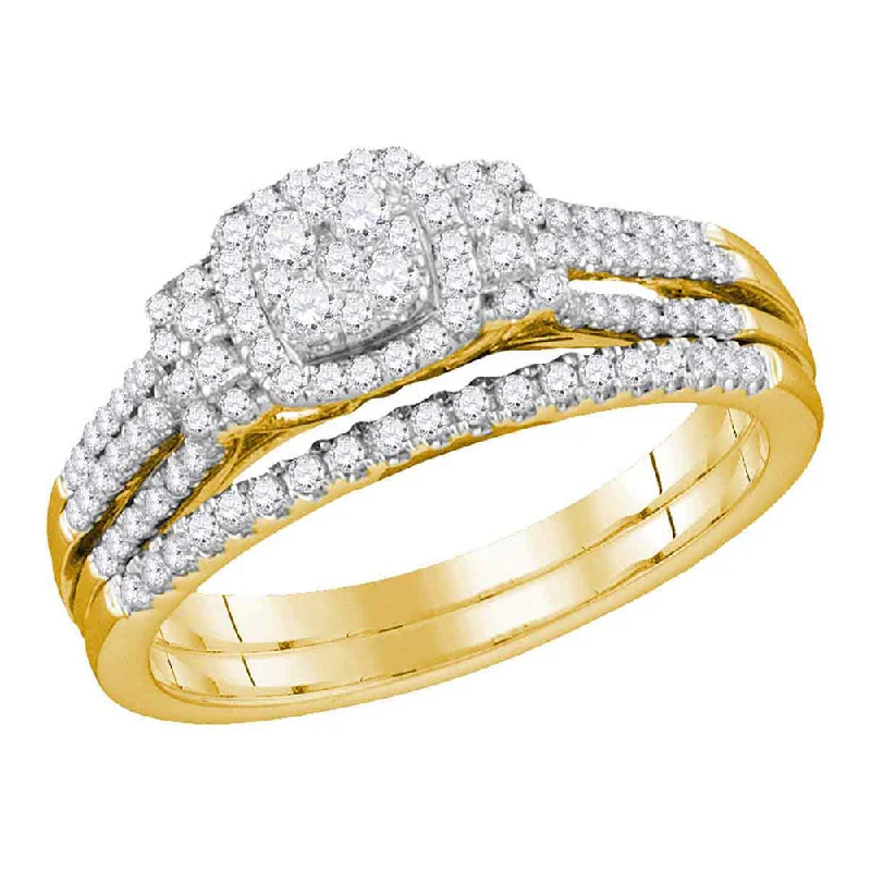 Tilted gem ring-10kt Yellow Gold Round Diamond Cluster Bridal Wedding Ring Band Set 1/2 Cttw