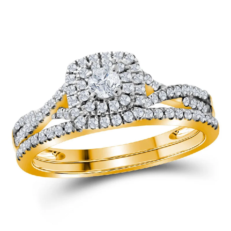 Holographic ring-10kt Yellow Gold Round Diamond Halo Bridal Wedding Ring Band Set 1/2 Cttw