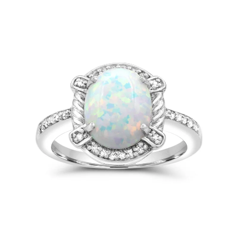 Glossy hematite ring-10X8MM Created Opal and White Sapphire Ring in Sterling Silver