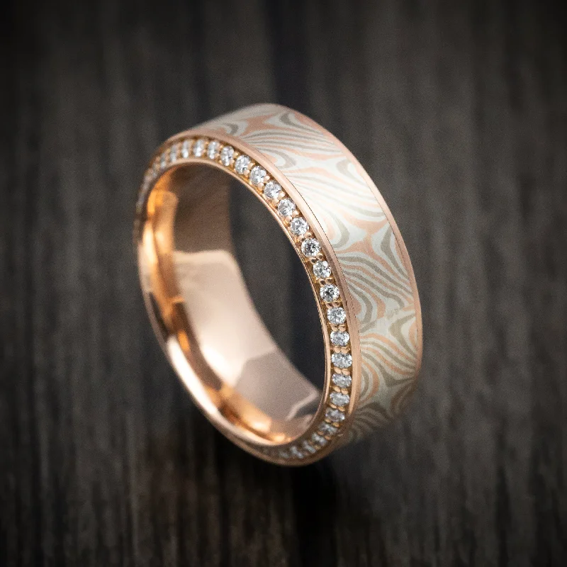 Flecked enamel ring-14K Rose Gold Men's Ring with Mokume Gane Inlay and Eternity Diamonds