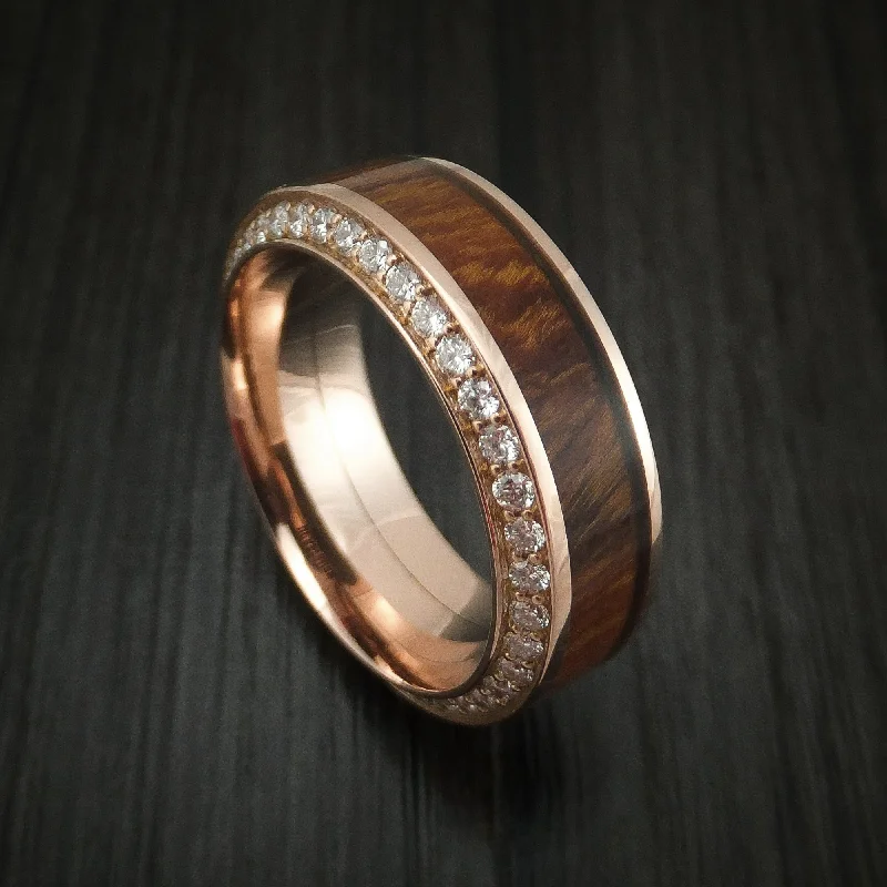 Winding pattern ring-14K Gold Men's Ring With Wood Inlay And Eternity Set Diamonds Custom Made Band