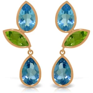 Furrowed design earrings-14K Solid Rose Gold Chandelier Earrings w/ Blue Topaz & Peridots