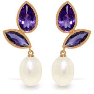 Fin motif earrings-14K Solid Rose Gold Chandelier Earrings w/ Pearls & Amethysts