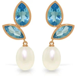 Sun-cut earrings-14K Solid Rose Gold Chandelier Earrings w/ Pearls & Blue Topaz