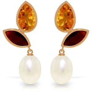 Glazed gem earrings-14K Solid Rose Gold Earrings w/ Citrines, Garnets & Pearls