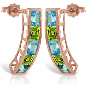 Vibrant diamond earrings-14K Solid Rose Gold Earrings w/ Natural Blue Topaz & Peridots