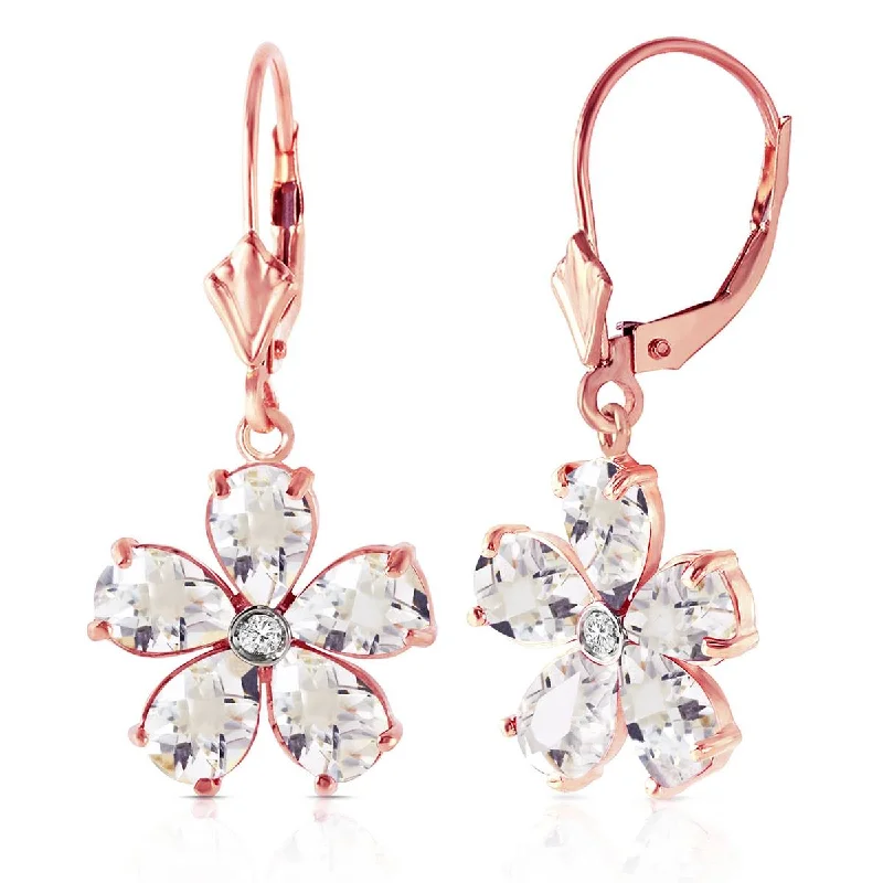 Ridged earrings-14K Solid Rose Gold Leverback Earrings w/ Rose Topaz & Diamond