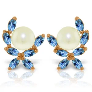 Tarnished gold earrings-14K Solid Rose Gold Stud Earrings w/ Blue Topaz & Pearls