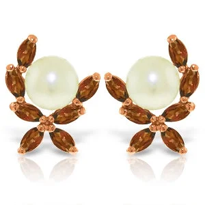 Classic citrine earrings-14K Solid Rose Gold Stud Earrings w/ Natural Garnets & Pearls