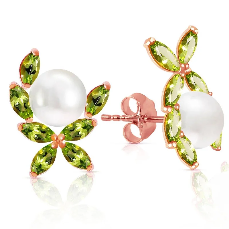 Fine-etched earrings-14K Solid Rose Gold Stud Earrings w/ Natural Peridots & Pearls