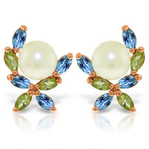 Scored hoop earrings-14K Solid Rose Gold Stud Earrings w/ Peridots, Blue Topaz & Pearls