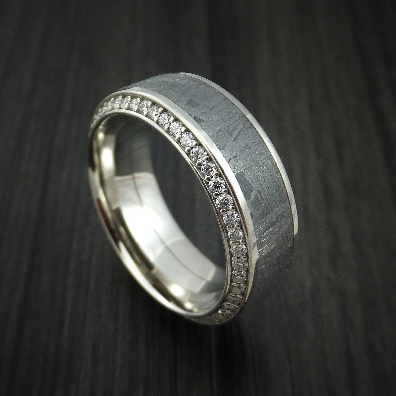 Scored edge ring-14K White Gold Men's Ring with Meteorite Inlay and Eternity Set Diamonds Custom Made Band