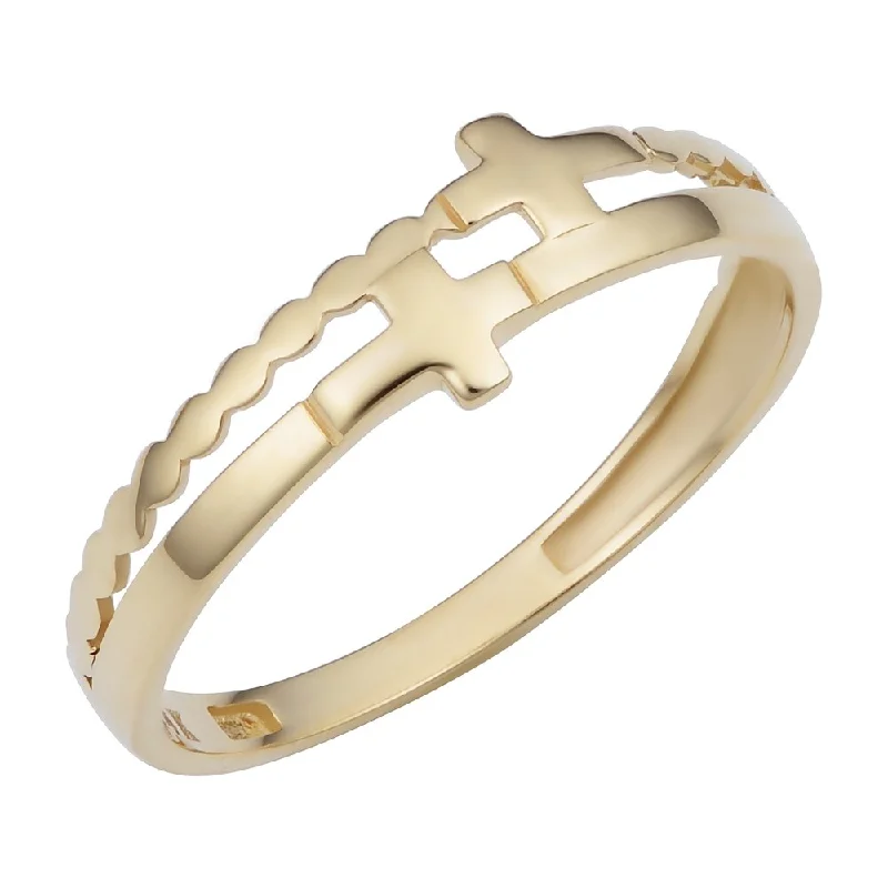 Sprout-shaped ring-14k Yellow Gold Double Cross Ring