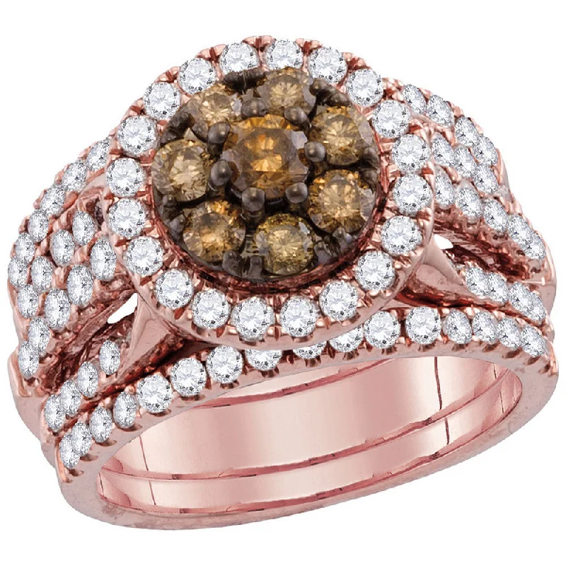 Bright garnet ring-14kt Rose Gold Womens Round Brown Diamond 3-Piece Bridal Wedding Ring Band Set 4 Cttw