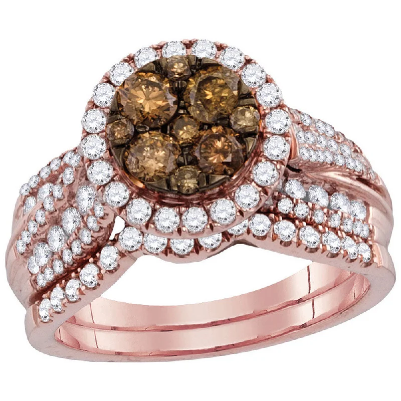 Molten gold ring-14kt Rose Gold Womens Round Brown Diamond Bridal Wedding Engagement Ring Band Set