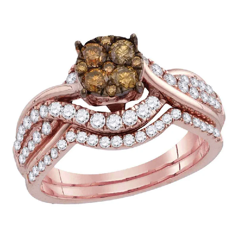 Faceted crystal ring-14kt Rose Gold Womens Round Brown Diamond Cluster Bridal Wedding Ring Band Set 1 Cttw