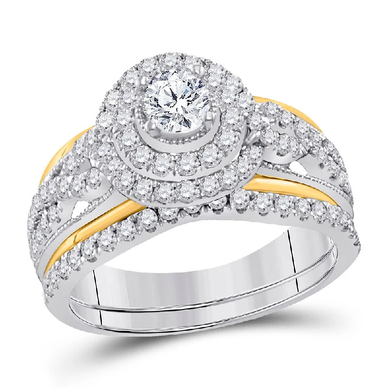 Textured ring-14kt Two-tone Gold Round Diamond Bridal Wedding Ring Band Set 1-1/5 Cttw