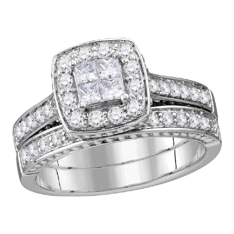 Tiled design ring-14kt White Gold Princess Diamond Bridal Wedding Ring Band Set 1 Cttw