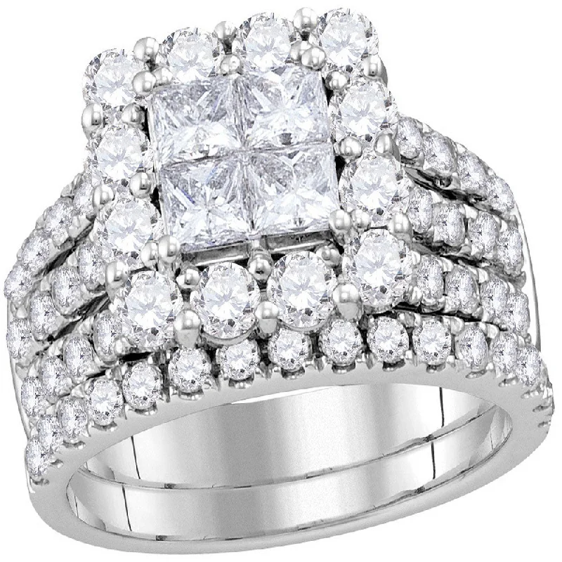 Flat cabochon ring-14kt White Gold Princess Diamond Cluster Bridal Wedding Ring Band Set 3 Cttw