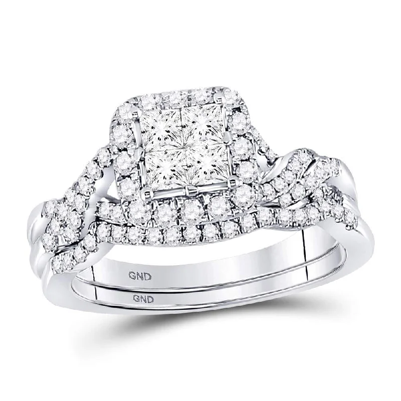 Pointed stone ring-14kt White Gold Princess Diamond Twist Bridal Wedding Ring Band Set 1 Cttw