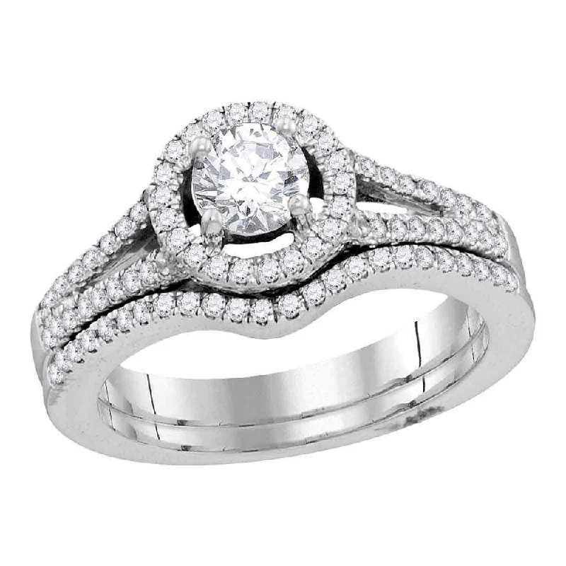 Stacked birthstone ring-14kt White Gold Round Diamond Bridal Wedding Ring Band Set 1 Cttw