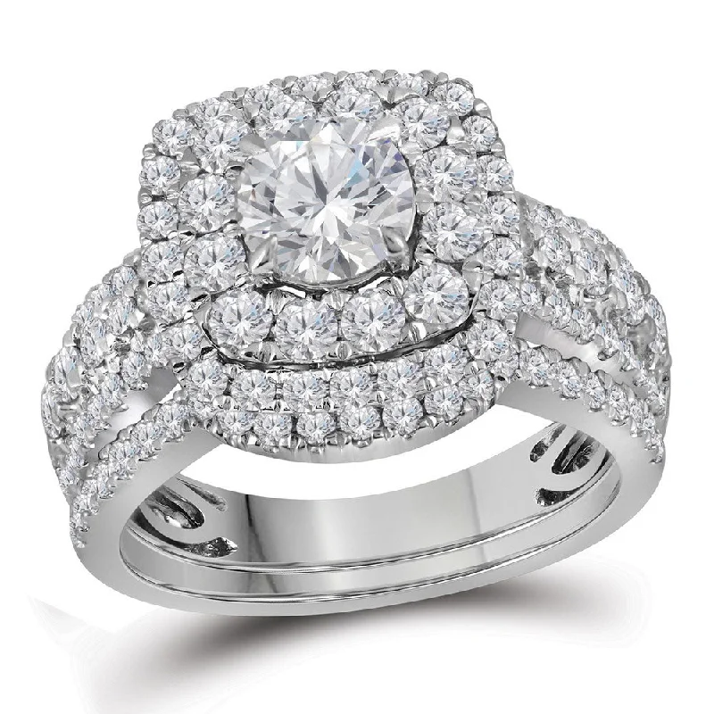 Channel-edge ring-14kt White Gold Round Diamond Halo Bridal Wedding Ring Band Set 2-1/2 Cttw