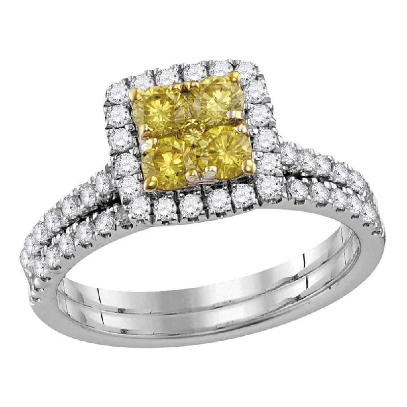 Corkscrew ring-14kt White Gold Round Yellow Diamond Cluster Bridal Wedding Ring Band Set 1-1/4 Cttw