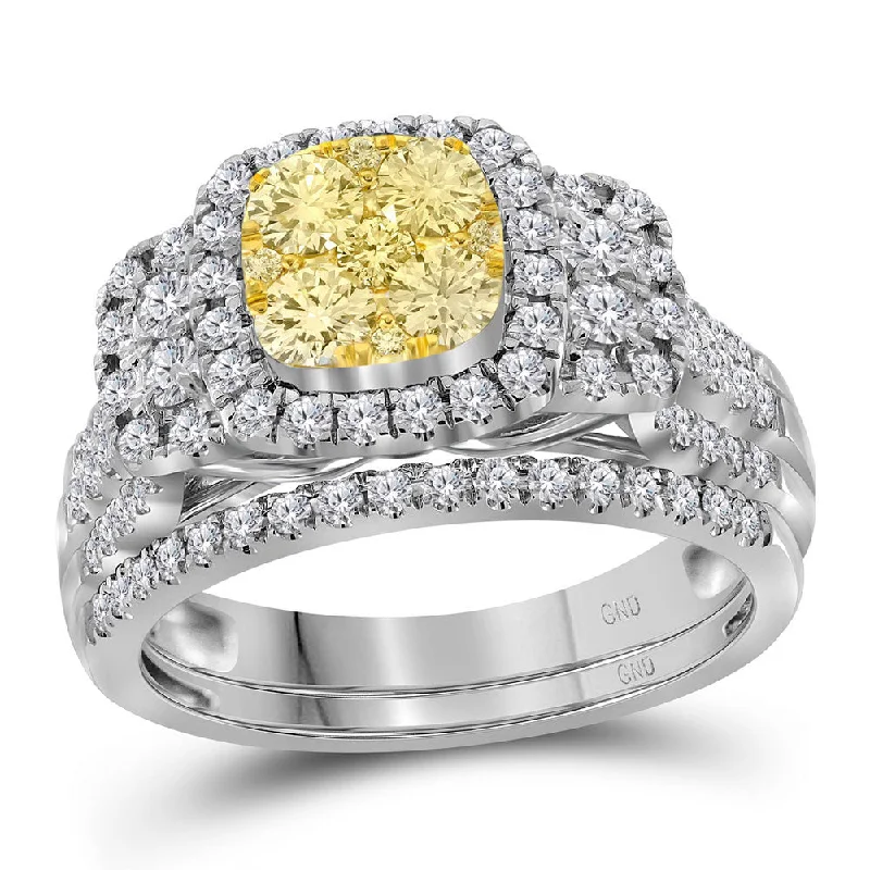 Brushed-edge ring-14kt White Gold Womens Round Yellow Diamond Cluster Bridal Wedding Ring Band Set 1 Cttw