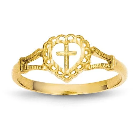 Shimmering silver ring-14KT Yellow Gold Childrens Heart Cross Ring; Size 4