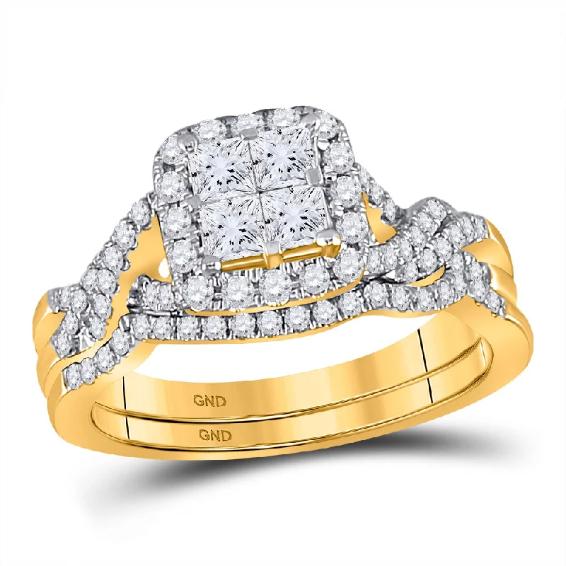 Delicate-band ring-14kt Yellow Gold Princess Diamond Bridal Wedding Ring Band Set 1 Cttw