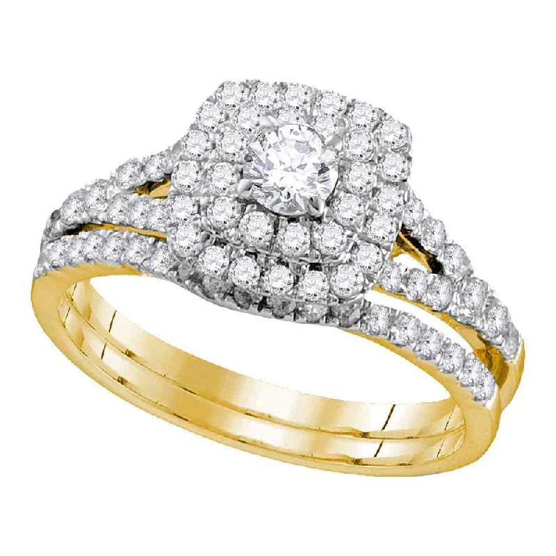 Sprout-shaped ring-14kt Yellow Gold Round Diamond Double Halo Bridal Wedding Ring Band Set 1 Cttw