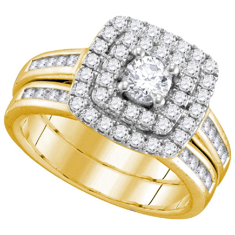 Ridged ring-14kt Yellow Gold Round Diamond Double Halo Bridal Wedding Ring Band Set 1 Cttw