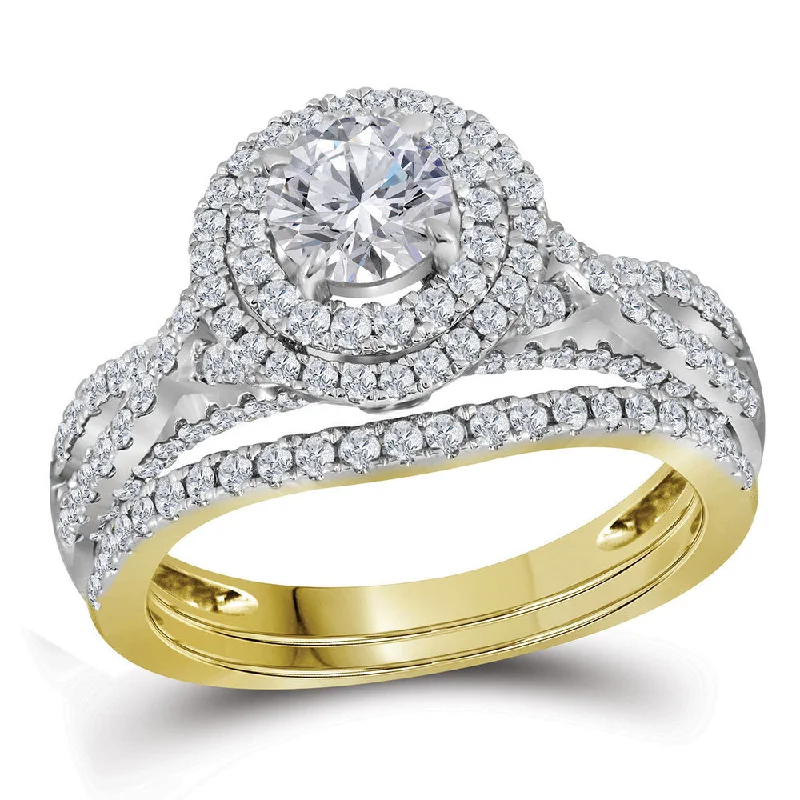 Eclipse moon ring-14kt Yellow Gold Round Diamond Halo Bridal Wedding Ring Band Set 1-3/4 Cttw