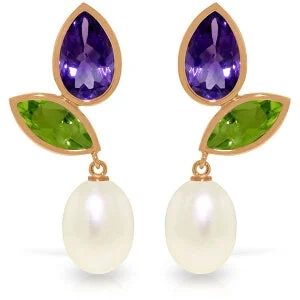 Pearlized platinum earrings-16.6 Carat 14K Solid Rose Gold Earrings Peridot, Amethyst Pearl