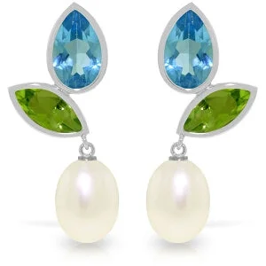 Embossed gem earrings-16.6 Carat 14K Solid White Gold Earrings Peridot, Blue Topaz Pearl