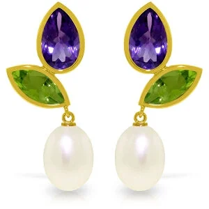 Shining gem earrings-16.6 Carat 14K Solid Yellow Gold Earrings Peridot, Amethyst Pearl