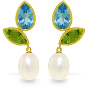 Rich emerald earrings-16.6 Carat 14K Solid Yellow Gold Earrings Peridot, Blue Topaz Pearl