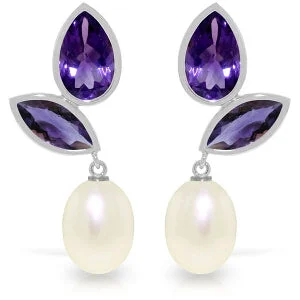 Flecked enamel earrings-16 Carat 14K Solid White Gold Chandelier Earrings Pearl Amethyst