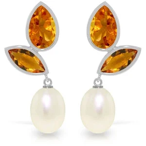 Cut-out earrings-16 Carat 14K Solid White Gold Chandelier Earrings Pearl Citrine